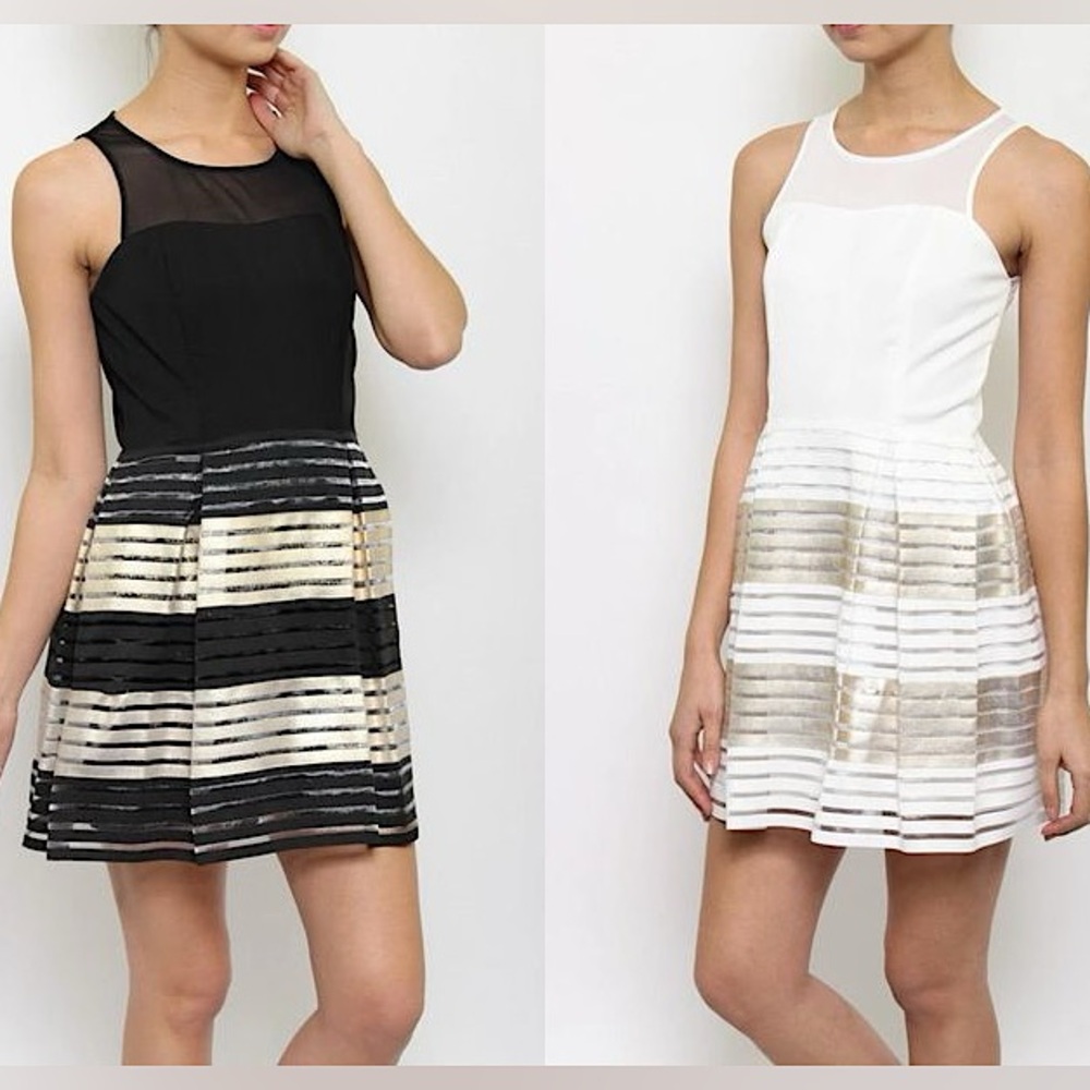 RICKETY RACK #90 Metallic Gold Mesh Striped Fit And Flare Party Dress M L